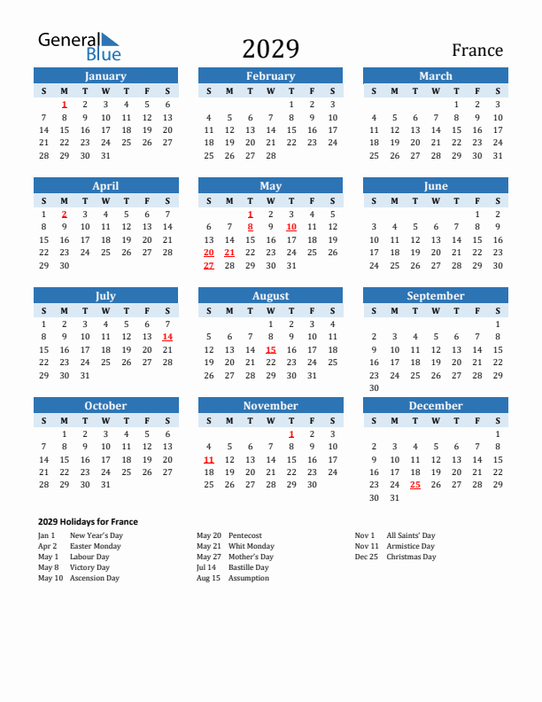 Printable Calendar 2029 with France Holidays (Sunday Start)