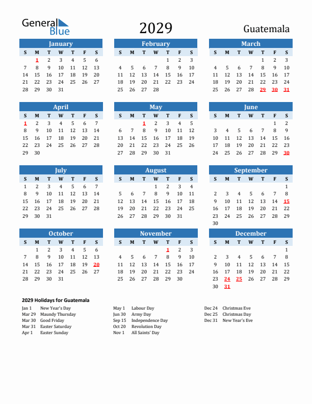 Printable Calendar 2029 with Guatemala Holidays (Sunday Start)