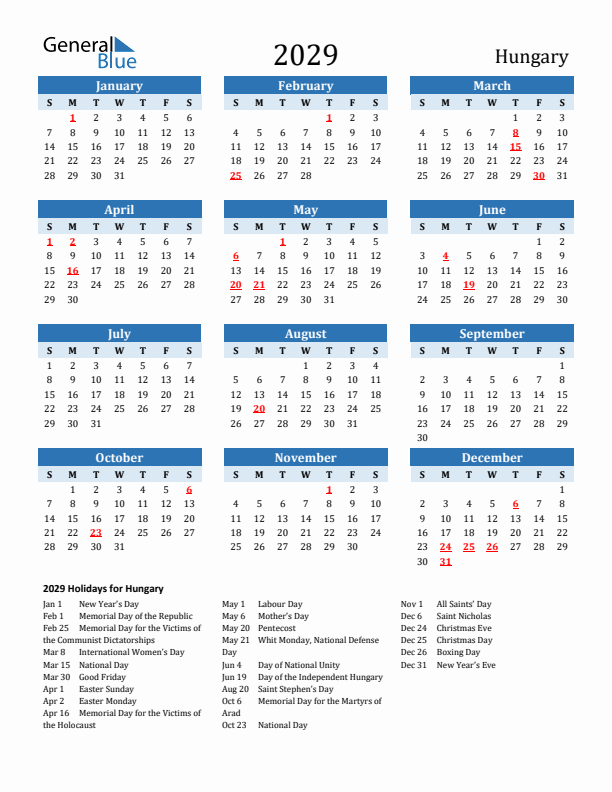 Printable Calendar 2029 with Hungary Holidays (Sunday Start)