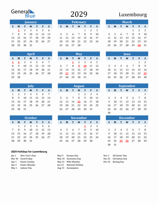 Printable Calendar 2029 with Luxembourg Holidays (Sunday Start)