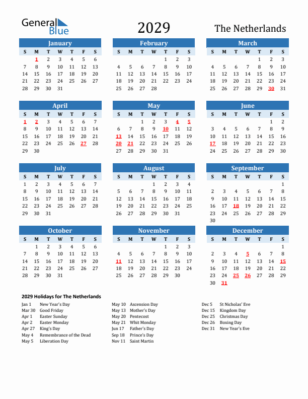 Printable Calendar 2029 with The Netherlands Holidays (Sunday Start)