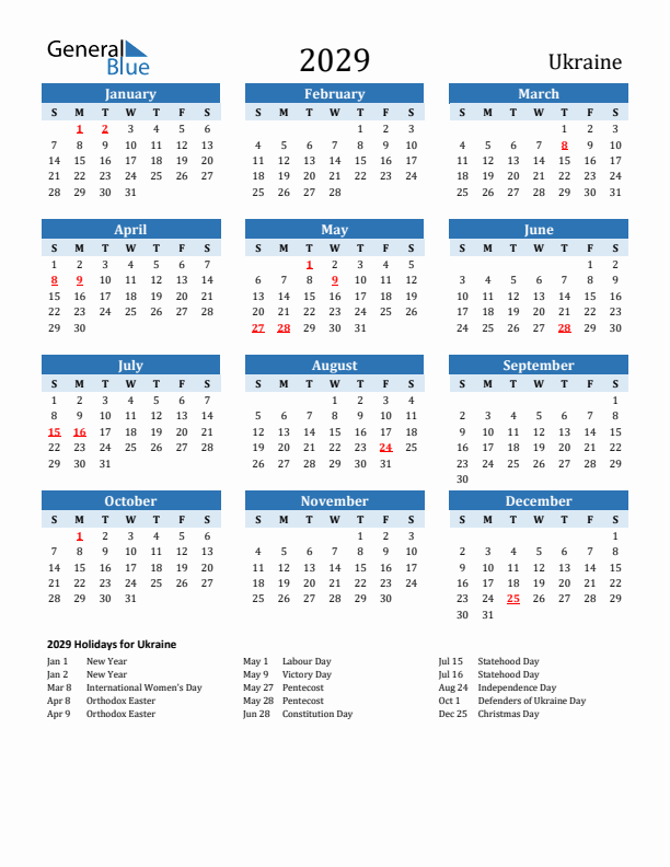 Printable Calendar 2029 with Ukraine Holidays (Sunday Start)