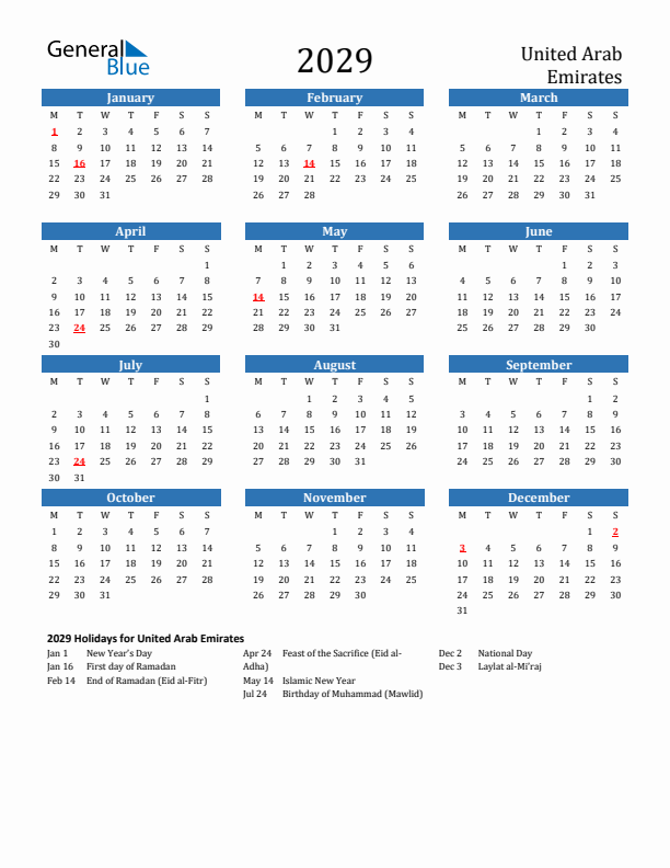 United Arab Emirates 2029 Calendar with Holidays