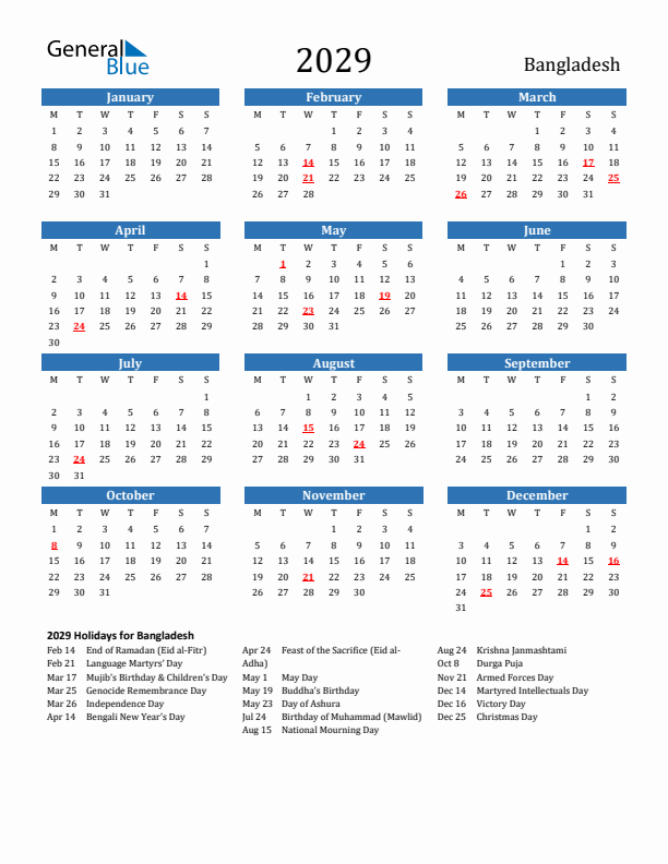 Bangladesh 2029 Calendar with Holidays