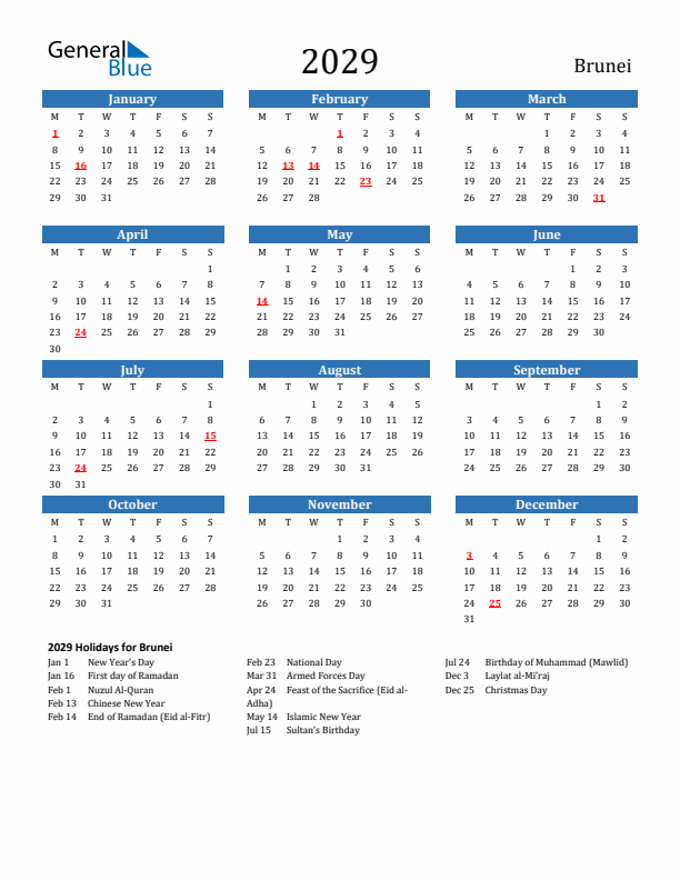 Brunei 2029 Calendar with Holidays