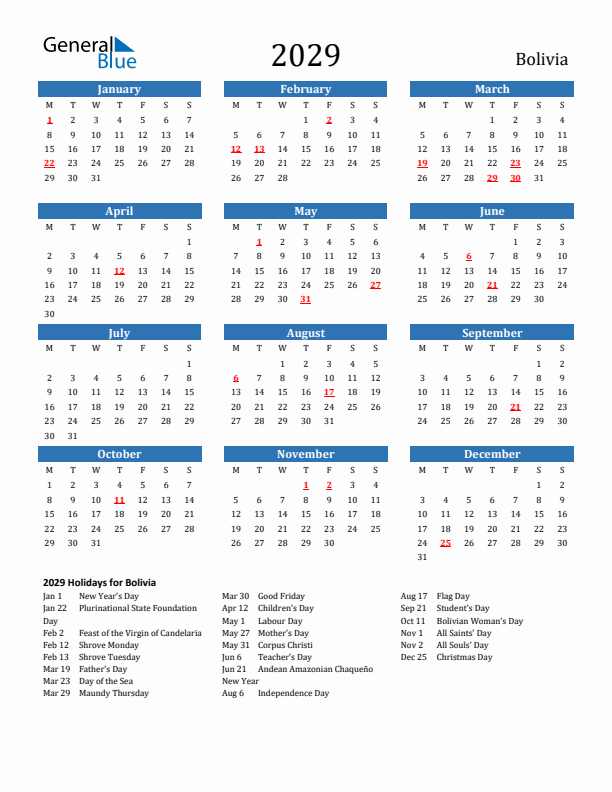 Bolivia 2029 Calendar with Holidays