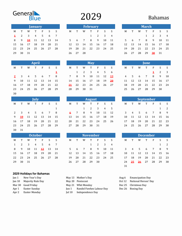 Bahamas 2029 Calendar with Holidays