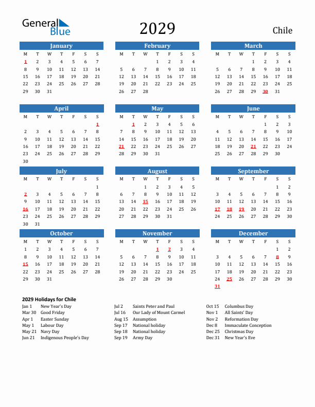 Chile 2029 Calendar with Holidays