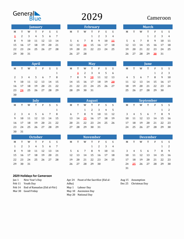 Cameroon 2029 Calendar with Holidays