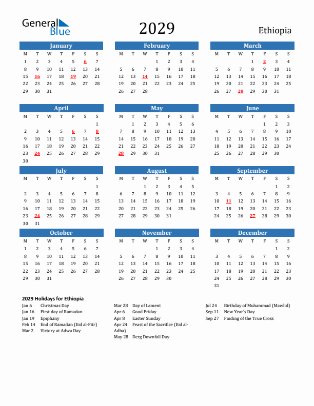 Ethiopia 2029 Calendar with Holidays