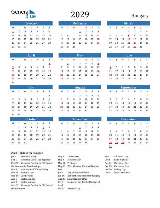 Hungary 2029 Calendar with Holidays