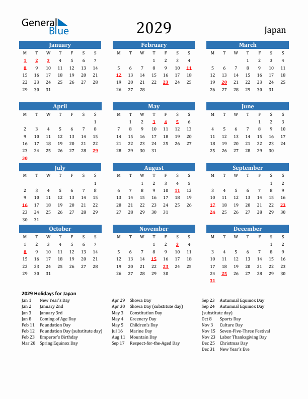 Japan 2029 Calendar with Holidays