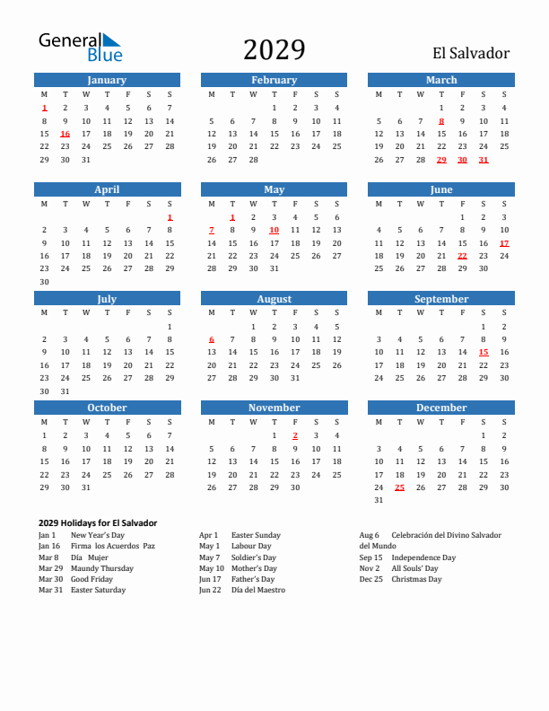 El Salvador 2029 Calendar with Holidays