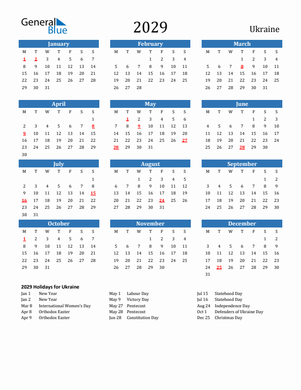 Ukraine 2029 Calendar with Holidays