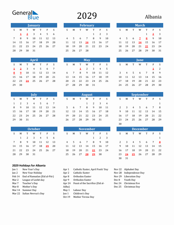 Albania 2029 Calendar with Holidays