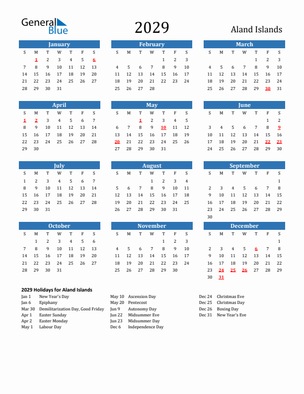 Aland Islands 2029 Calendar with Holidays