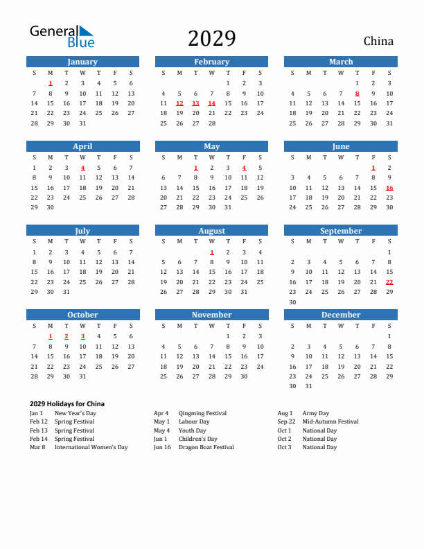 China 2029 Calendar with Holidays