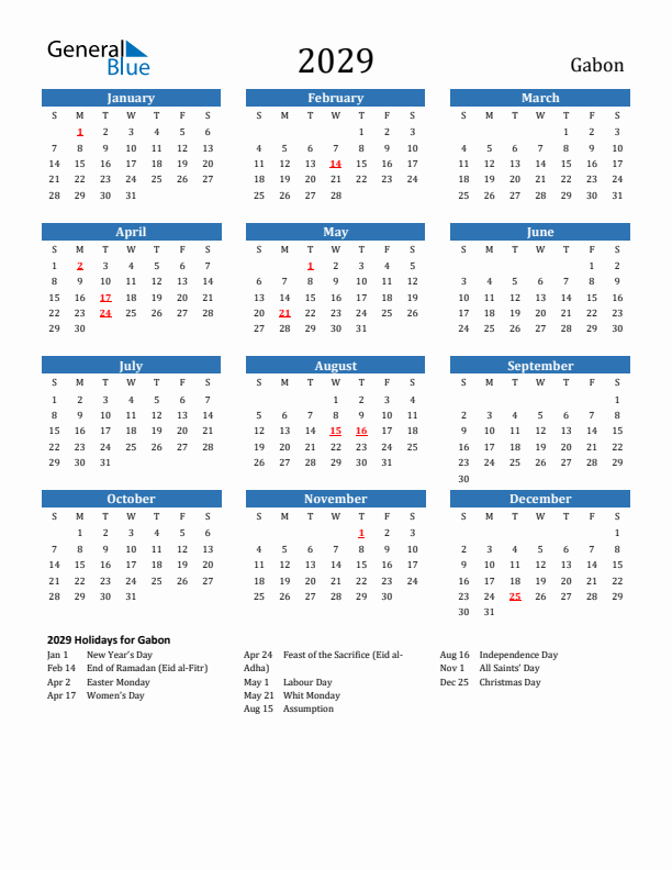 Gabon 2029 Calendar with Holidays