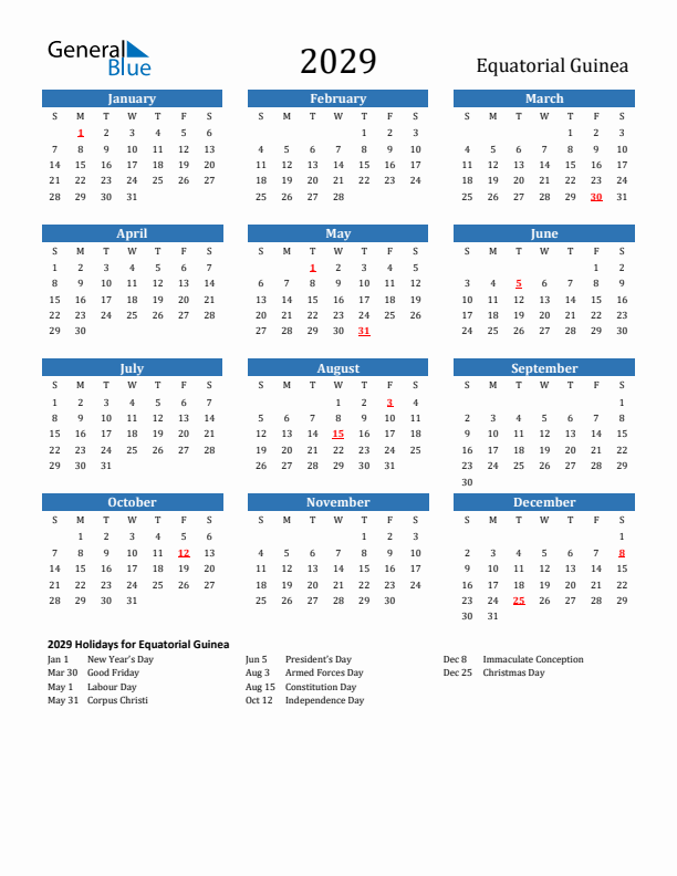 Equatorial Guinea 2029 Calendar with Holidays