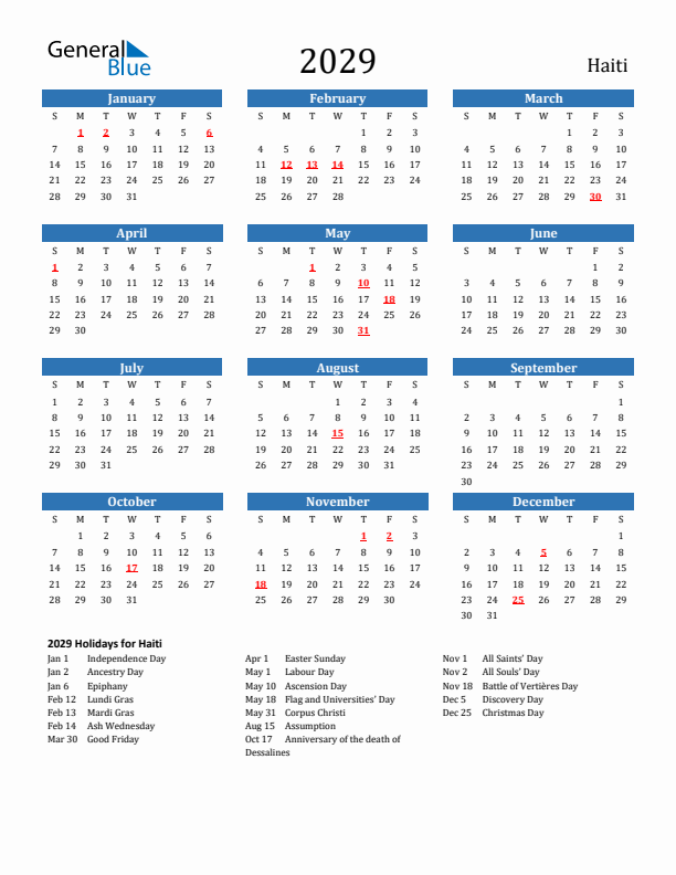 Haiti 2029 Calendar with Holidays