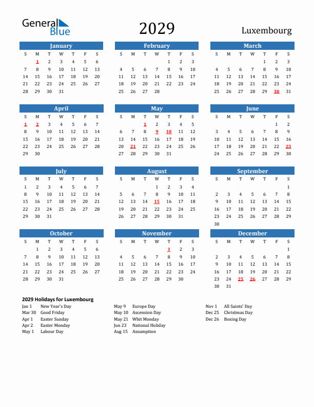 Luxembourg 2029 Calendar with Holidays