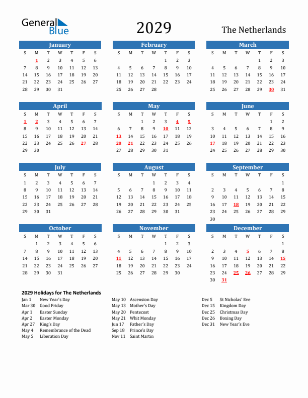 The Netherlands 2029 Calendar with Holidays