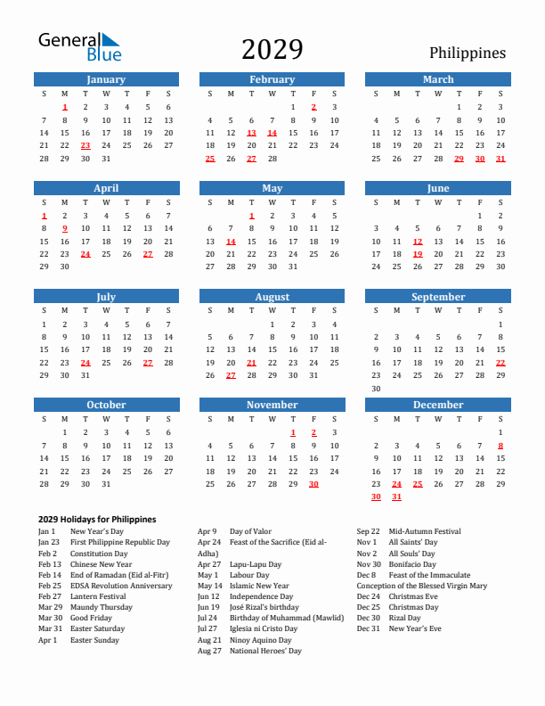 Philippines 2029 Calendar with Holidays