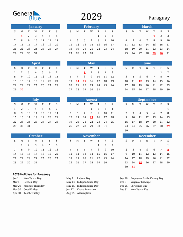 Paraguay 2029 Calendar with Holidays