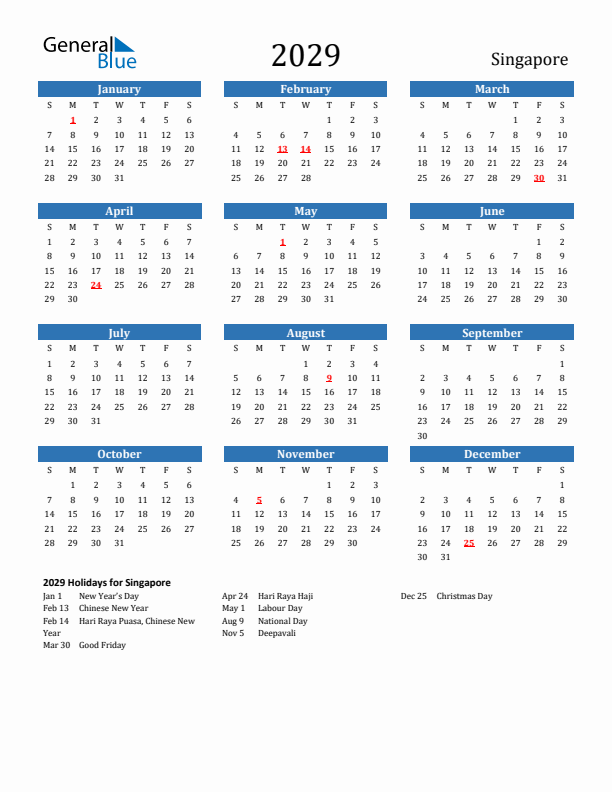 Singapore 2029 Calendar with Holidays