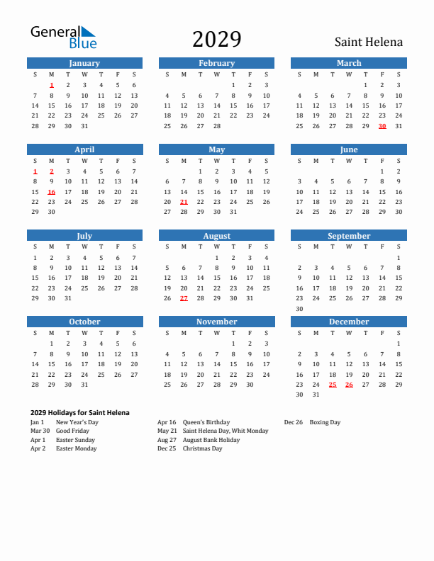 Saint Helena 2029 Calendar with Holidays