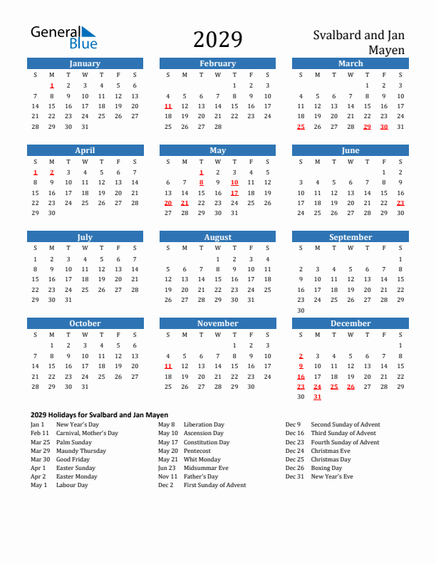 Svalbard and Jan Mayen 2029 Calendar with Holidays