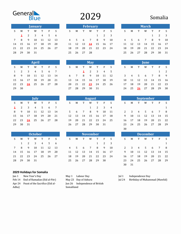 Somalia 2029 Calendar with Holidays