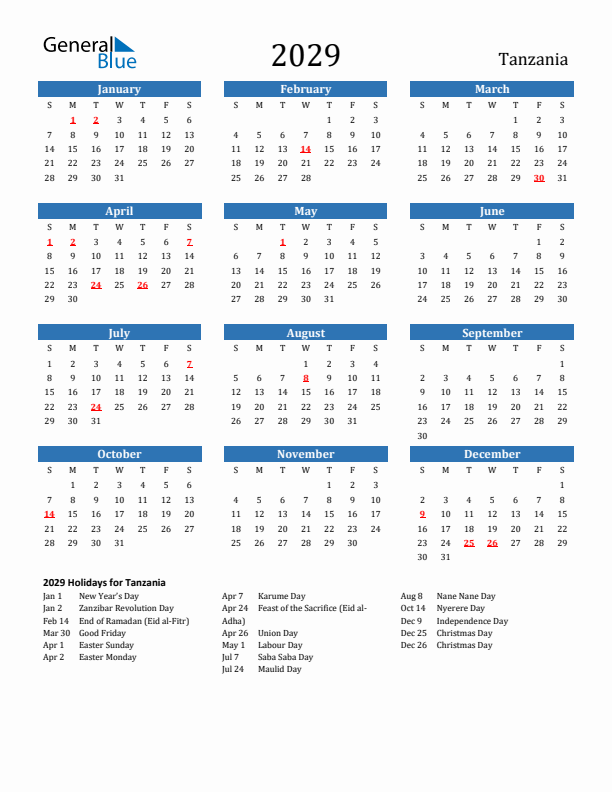 Tanzania 2029 Calendar with Holidays