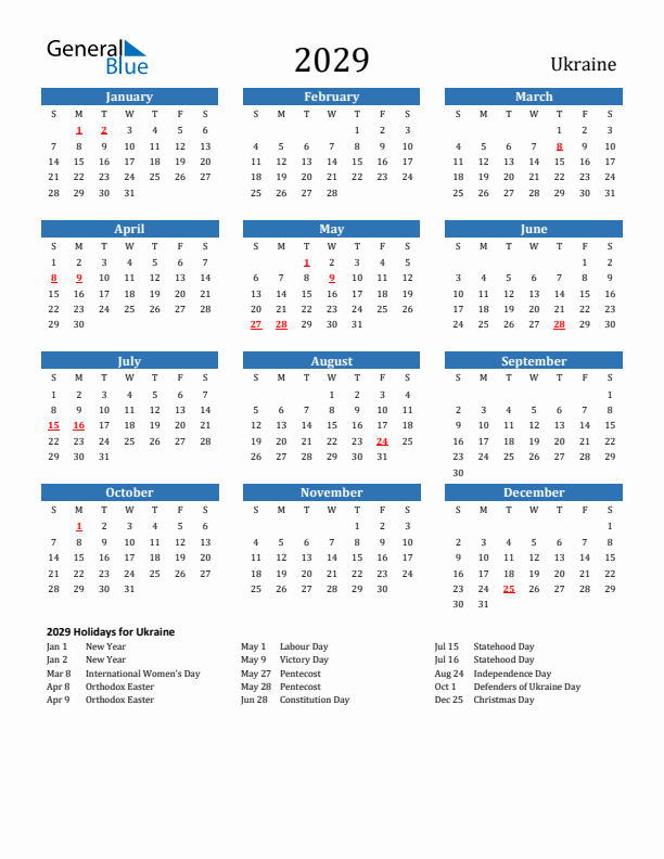 Ukraine 2029 Calendar with Holidays