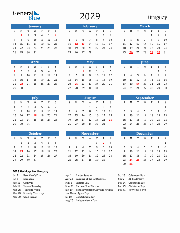 Uruguay 2029 Calendar with Holidays