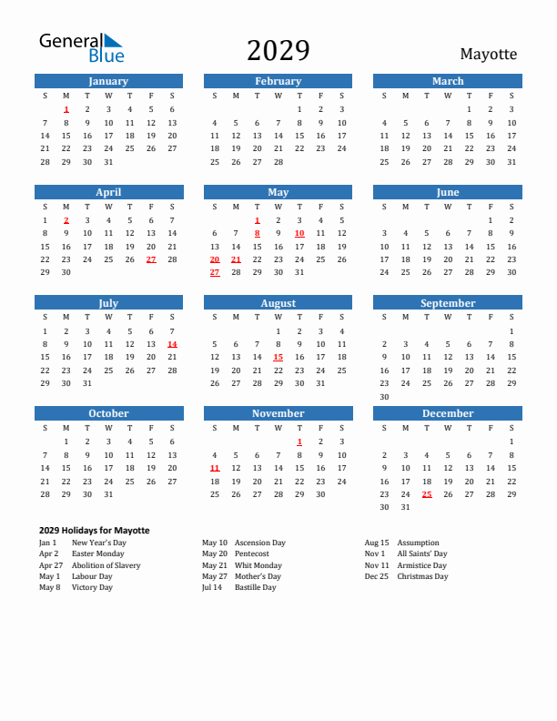 Mayotte 2029 Calendar with Holidays