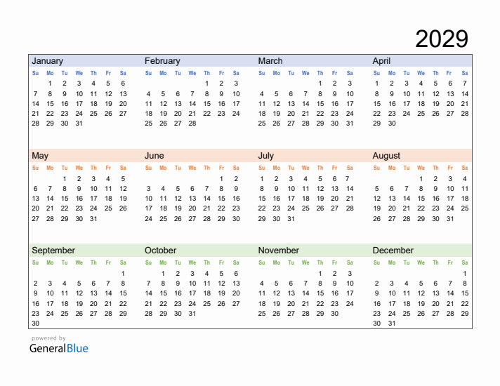 Free Downloadable 2029 Yearly Calendar Template 