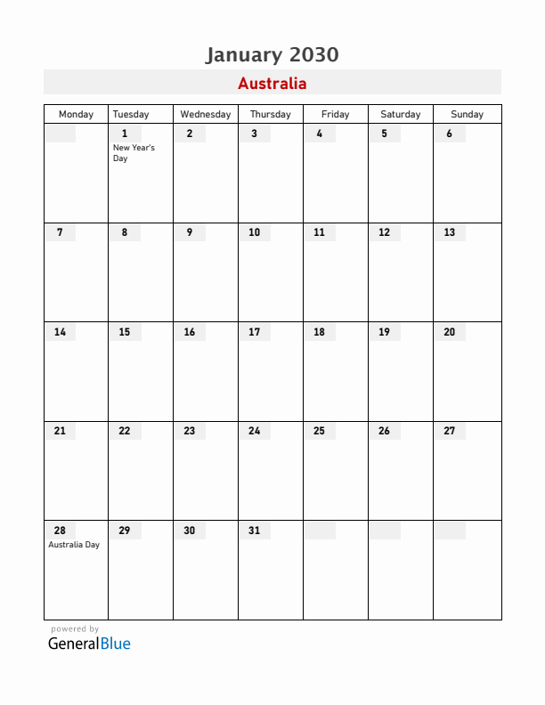 Australia January 2030 Calendar with Holidays