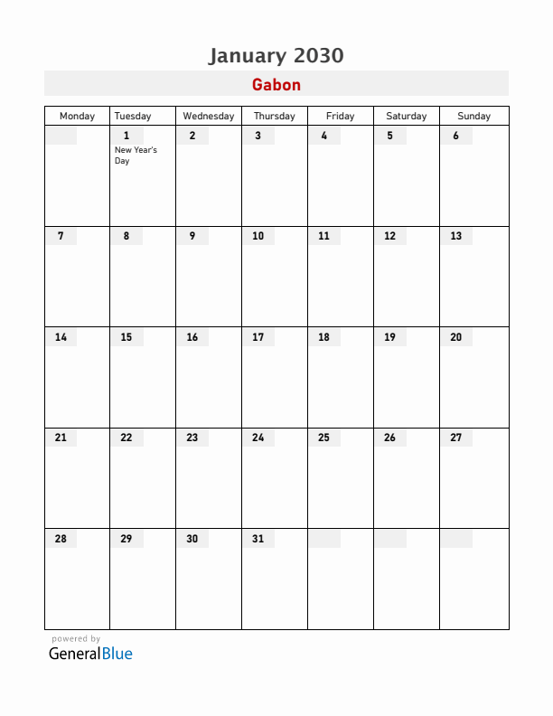 Gabon January 2030 Calendar with Holidays