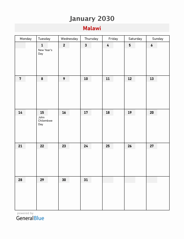 Malawi January 2030 Calendar with Holidays
