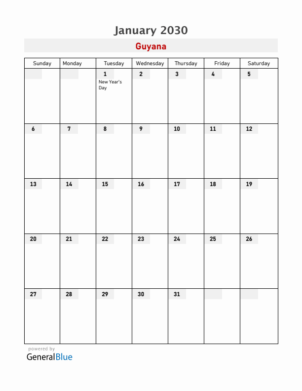 Guyana January 2030 Calendar with Holidays