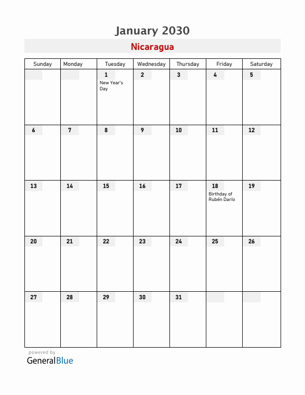 Nicaragua January 2030 Calendar with Holidays