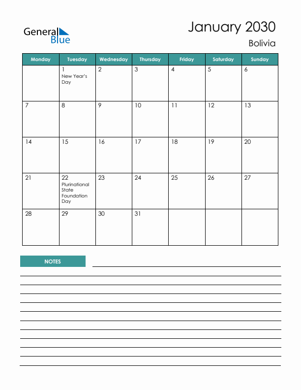 Calendar with Notes Printable - Monday Start