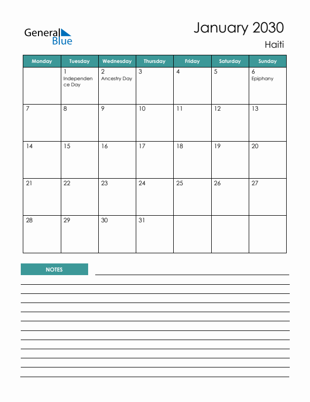 Calendar with Notes Printable - Monday Start