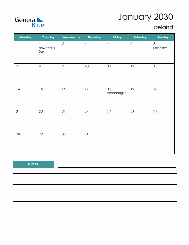 Calendar with Notes Printable - Monday Start