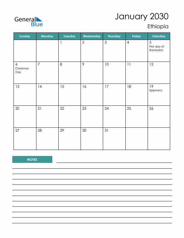 Calendar with Notes Printable - Sunday Start