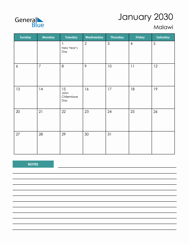 Calendar with Notes Printable - Sunday Start