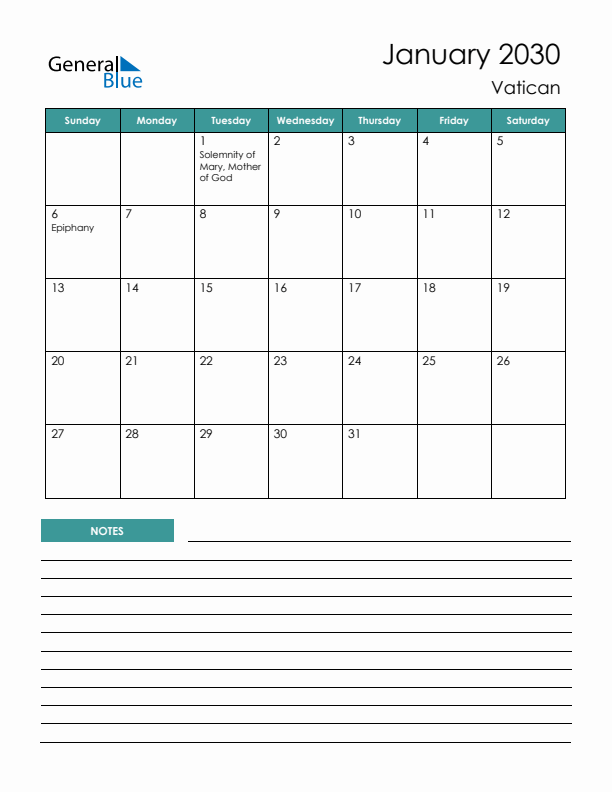 Calendar with Notes Printable - Sunday Start