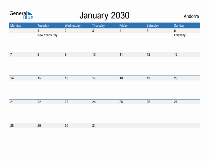 Fillable January 2030 Calendar