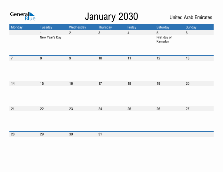 Fillable January 2030 Calendar